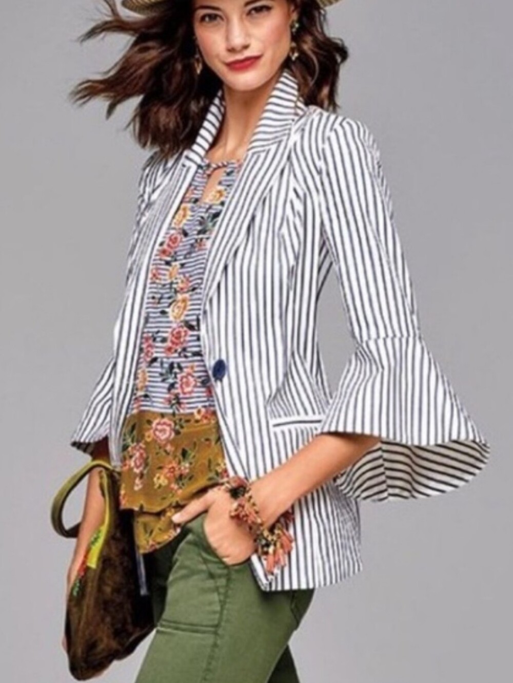 CAbi White Blazer with Navy Pinstripes And Bell Sleeves